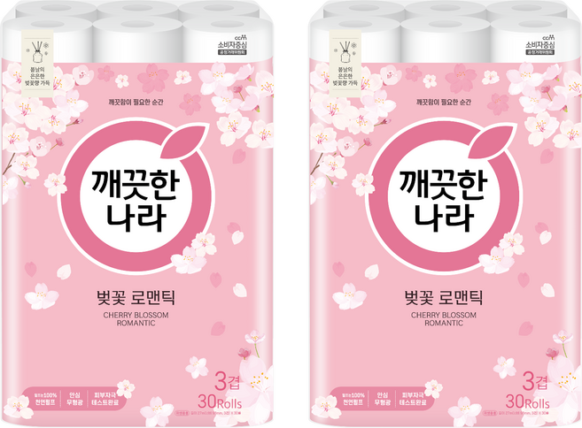 깨끗한나라 벚꽃 로맨틱 천연펄프 3겹 고급롤화장지, 27m, 30개입, 2개
