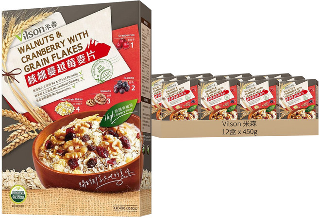 Vilson 米森 核桃蔓越莓麥片, 450g, 12盒