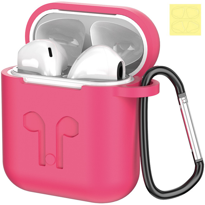 누아트 에어팟 베이직 실리콘 키링 케이스 + 철가루 방지 스티커, 케이스(핫핑크), 1개