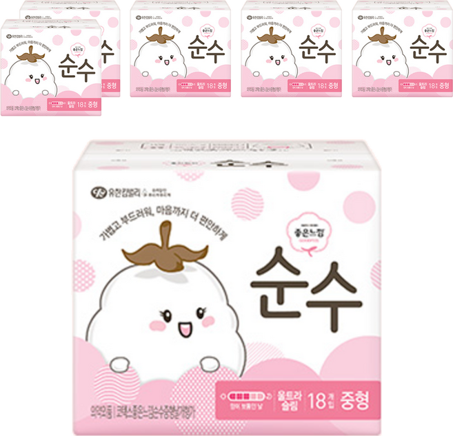 좋은느낌 순수 울트라 슬림 생리대 날개형, 중형, 18개입, 6개