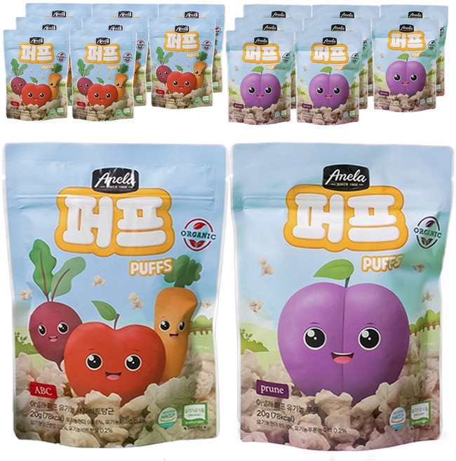 아넬라 유기농 퍼프 2종 x 3p 세트, 혼합맛(사과비트당근/푸룬), 360g, 3세트