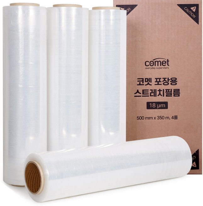 코멧 포장용 스트레치필름 18μm x 500mm x 350m, 무색투명, 4개
