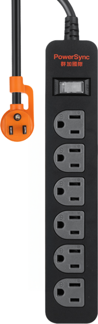 PowerSync 群加 直立式1開6插 防雷擊延長線 3孔 TS6ZF012 24.8 x 4.3 x 3cm, 1條, 黑色, 1.2m