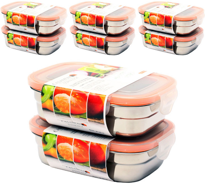 까사맘 스테인레스 스틸 사면 결착 강력 밀폐용기, 8개, 320ml