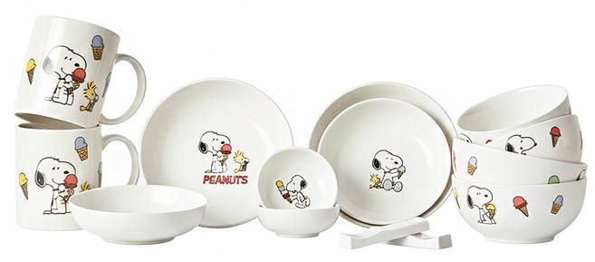 Corelle Brands 康寧餐具 SNOOPY 史努比 陶瓷碗盤餐具禮盒14件組, 1組, ICECREAM 白色, 2個飯碗 + 2個湯碗 + 2個醬油碟 + 2個5吋深盤 + 2個5.8吋深盤 + 2個馬克杯 + 2個筷架