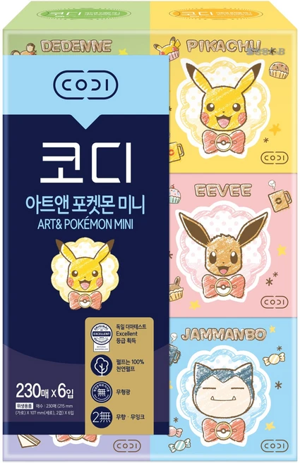 코디 아트앤 포켓몬 미니 천연펄프 각티슈 2겹 랜덤발송, 230매, 6개 - 쿠팡