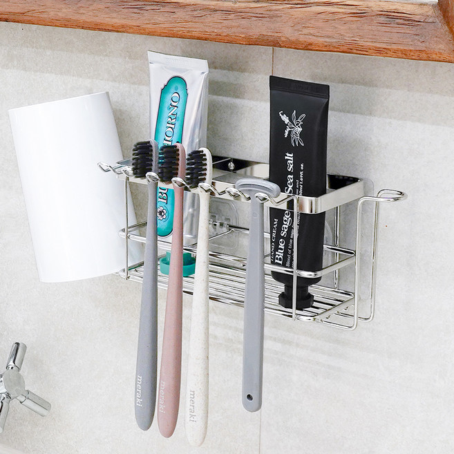 스파이더락 무타공 스마트접착 칫솔걸이, 실버, 1개