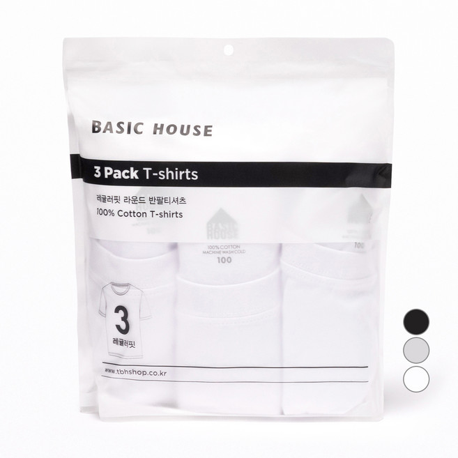 베이직하우스 남녀공용 통기성 순면라운드 30수 반팔티 오리지널팩 3p HATS0101