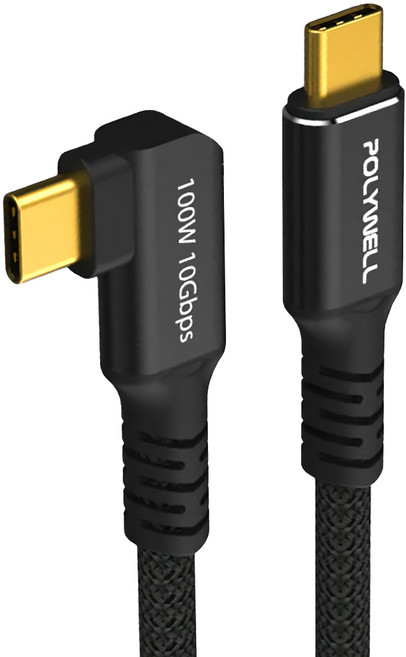 POLYWELL 寶利威爾 黑金剛 彎頭USB3.2 Gen2 10G 100W Type-C 高速傳輸充電線, 1m, 黑色, 1條