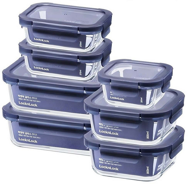LocknLock 樂扣樂扣 Glass Indigo 耐熱玻璃保鮮盒 盒身 + 上蓋 7件組 海軍藍, 7個容器 + 7個蓋子, 1組