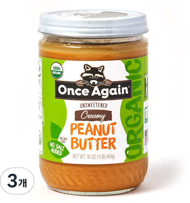 원스어게인 유기농 크리미 땅콩버터, 3개, 454g