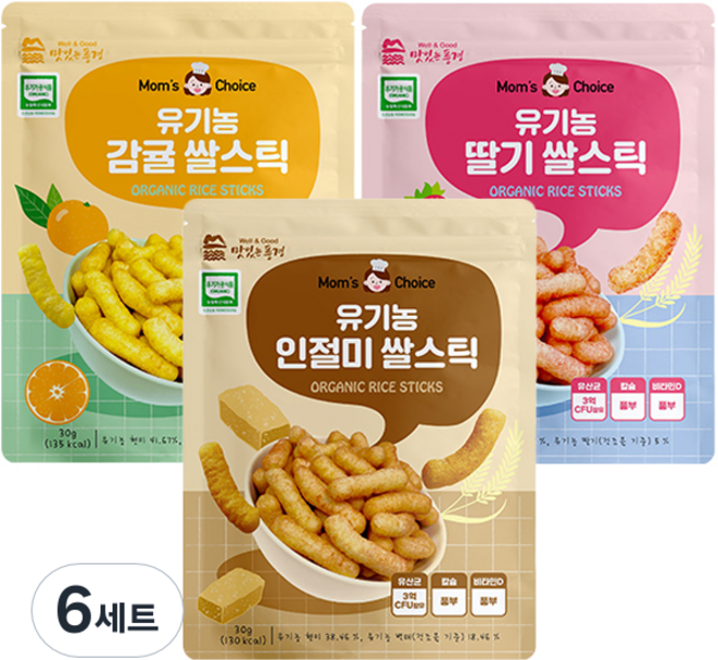 맛있는풍경 유기농 쌀스틱 3종 세트, 딸기맛, 감귤맛, 인절미맛, 30g, 6세트
