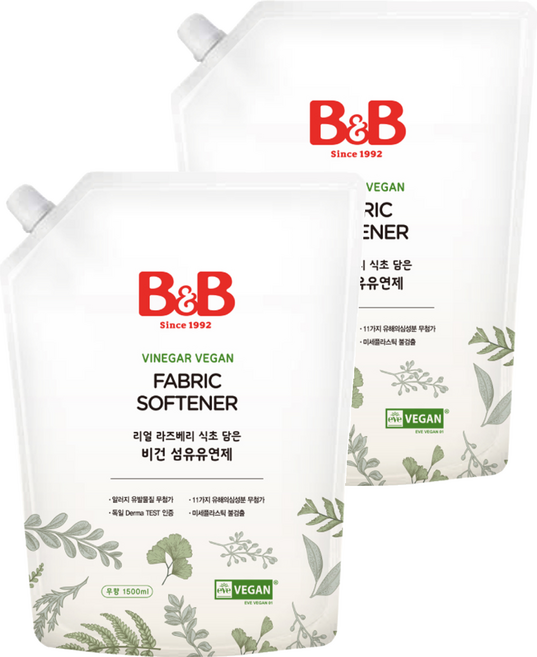 비앤비 유아 무향 비건 섬유유연제 리필형, 1.5L, 2개