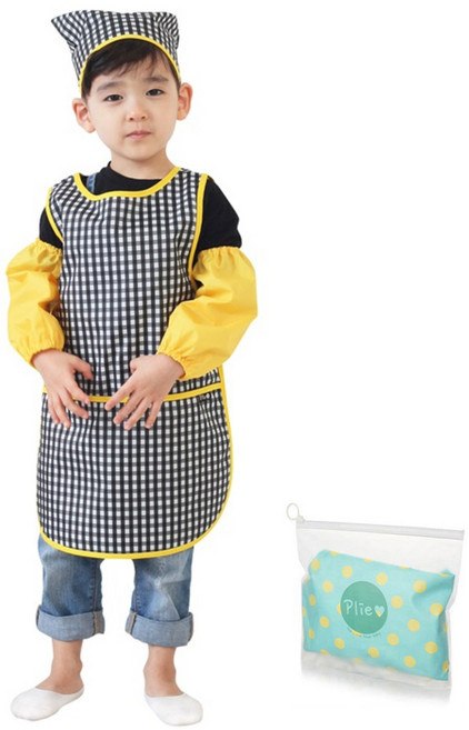 플리에 남아용 민소매 방수 체크무늬 앞치마 + 두건 + 토시 + 지퍼백 세트, 블랙
