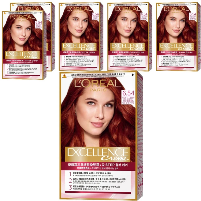 로레알파리 엑셀랑스 크림 빗캡으로 간편한 새치염색 염모제, 6.54호 라이트 코퍼 마호가니, 6개 - 쿠팡