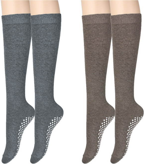 COZY LABEL 女性用雙重防滑素色及膝襪, 灰色 + 棕色