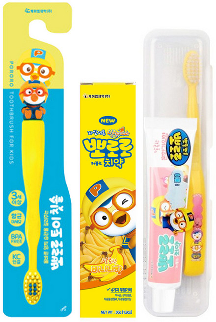 케이엠제약 뽀로로 토이 유아 칫솔 + 저불소 치약 바나나향 50g + 칫솔 치약 세트 랜덤발송, 1세트