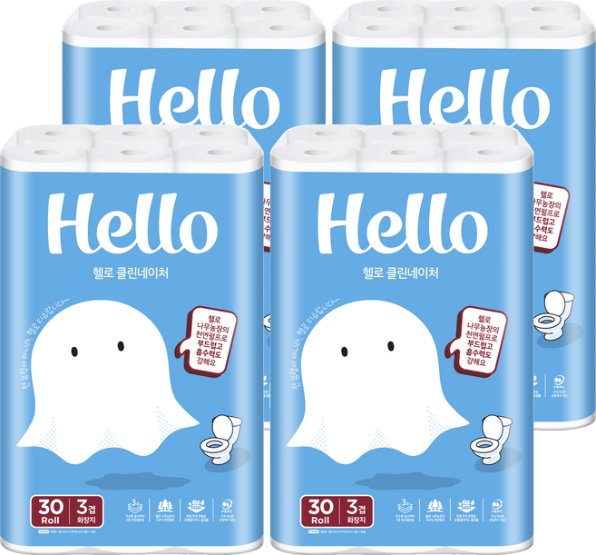 헬로 클린네이처 천연펄프 3겹 롤화장지, 30m, 30개입, 4개