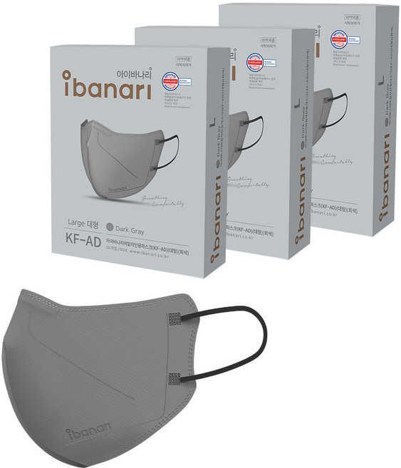 아이비나리 비말차단용 마스크 대형 KFAD, 10개입, 3개, 다크그레이