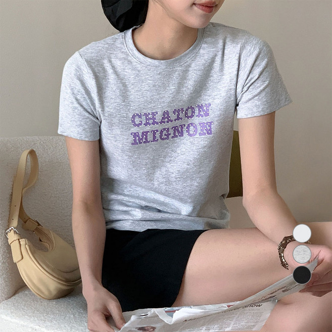 아피나르 여성용 통기성 슬림핏 자수 그래픽 반팔 쫀쫀 립 CHATON MIGNON 티셔츠