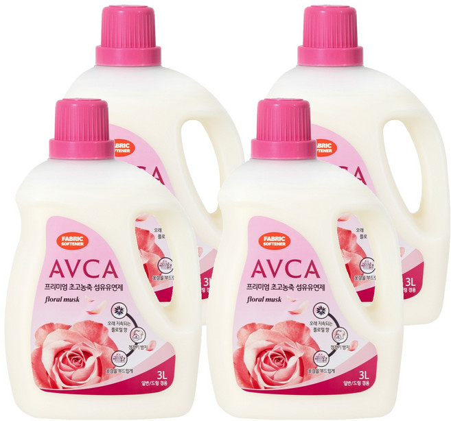 아브카 프리미엄 초고농축 액체 섬유유연제 플로럴 머스크향 본품, 3L, 4개