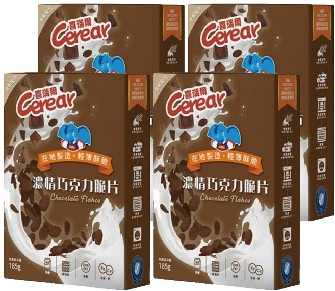 Cerear 喜瑞爾 濃情巧克力脆片 優質膳食纖維 非油炸 含鐵鈣 在地製造 輕薄酥脆, 185g, 4盒