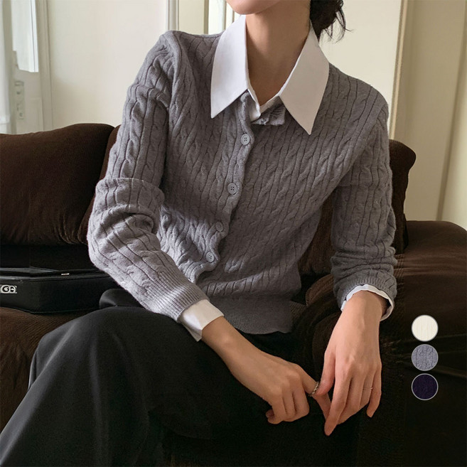 afinar 女款基本版型圓領柔軟觸感麻花針織開襟衫
