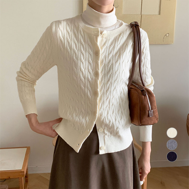 아피나르 여성용 베이직핏 라운드넥 소프트터치 케이블 니트 가디건