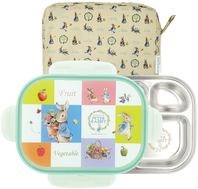 키즈토이 피터래빗 잠금형 스텐 식판 도시락 + 주머니 세트, 올리브, 식판 + 뚜껑 + 주머니, 1개