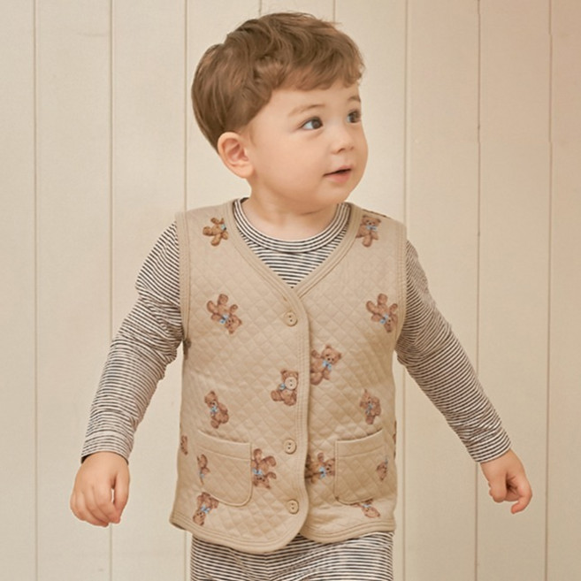 유니프랜드 남아용 하트베어 삼중지 보온 면 반조끼