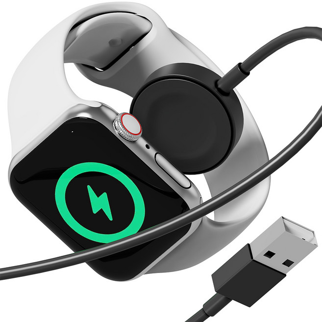누아트 애플워치 전기종 호환 USB타입 무선 충전기 케이블, 블랙, 1개
