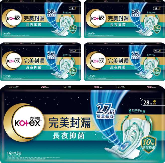Kotex 靠得住 網層系列 完美封漏長夜抑菌夜用衛生棉, 28cm, 42片, 5包