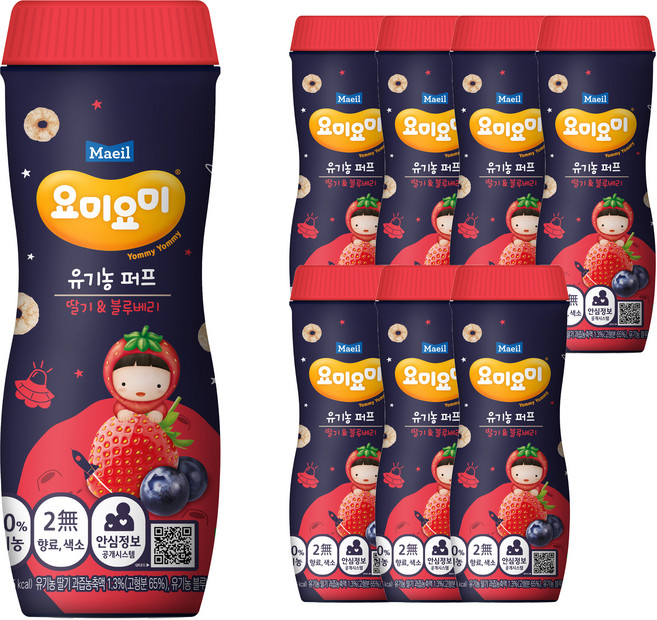 매일유업 요미요미 오가닉퍼프 아기과자, 딸기블루베리, 42g, 8개