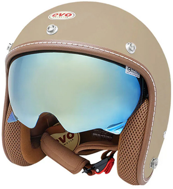 evo helmets 艾莉莎涼感系 內鏡復古騎士安全帽 附冰絲面罩, 焦糖奶
