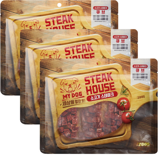 마이독스테이크하우스 강아지 간식, 소고기 큐브, 200g, 3개