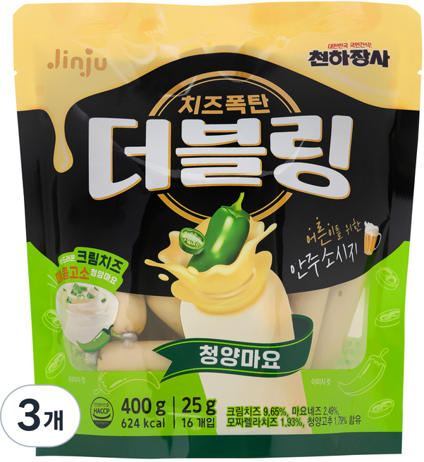 진주햄 더블링 청양마요 간식 소시지, 400g, 3개