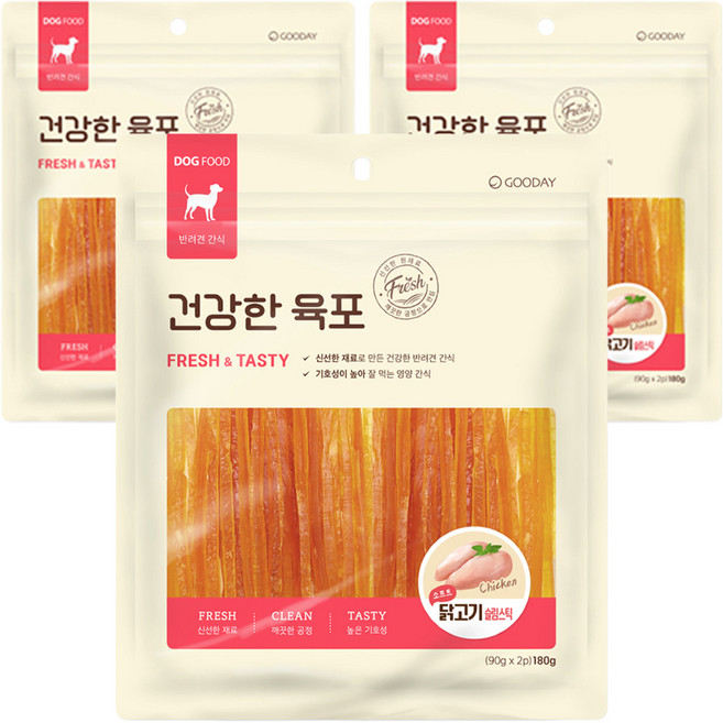 굿데이 강아지 건강한 육포, 소프트 닭고기 슬림스틱, 180g, 3개