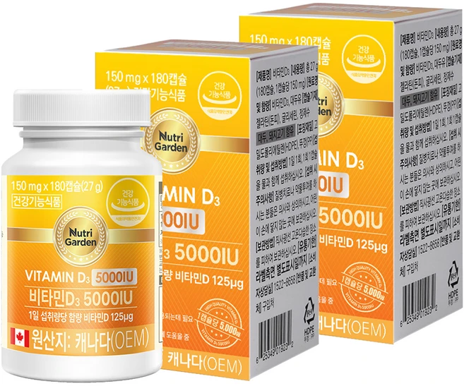 뉴트리가든 비타민D3 5000IU, 180정, 2개 - 쿠팡