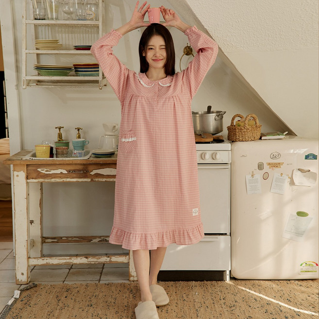 찌니야 여성용 통기성 니들 40수 순면 긴팔 원피스형 잠옷 7286