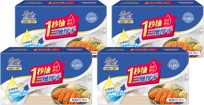 春風 一秒抽3層厚手廚房紙巾 80張, 8包, 4袋
