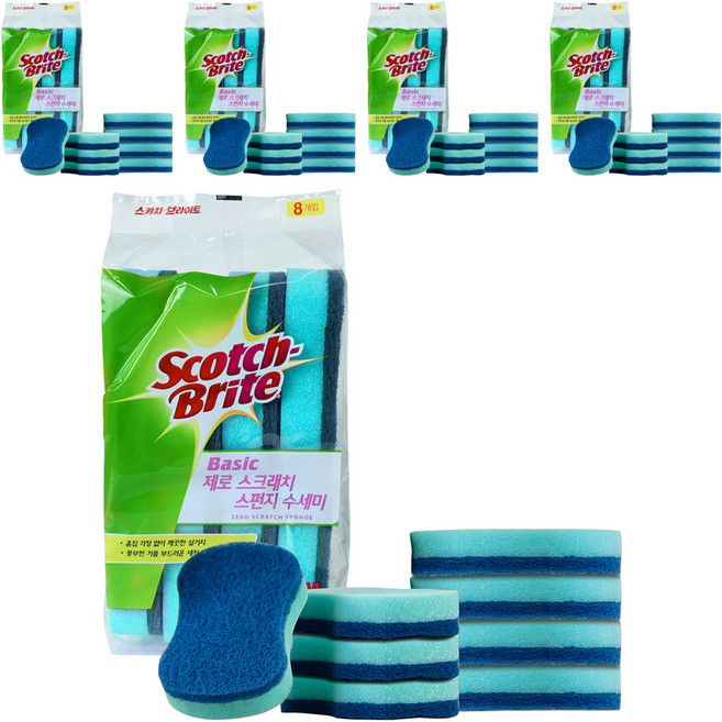 스카치브라이트 베이직 제로 스크래치 스펀지 수세미, 8개입, 5개
