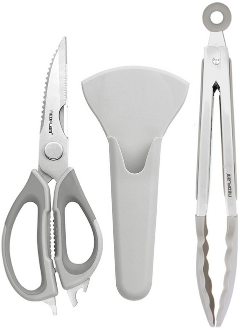 NEOFLAM 台灣原廠公司貨 多功能料理剪刀食物夾3件組 FIKA, 剪刀 + 刀削 + 食物料理夾, 灰色 + 銀色, 1組