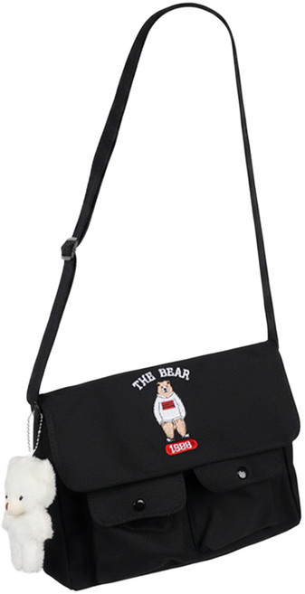JEBALLOT 熊熊雙口袋簡約斜背信差包 附小熊, 黑色