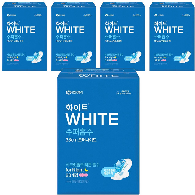 화이트 수퍼흡수 생리대 날개형, 오버나이트, 28개입, 5개