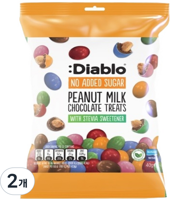 Diablo無糖 無加糖花生牛奶巧克力脆殼, 40g, 2個
