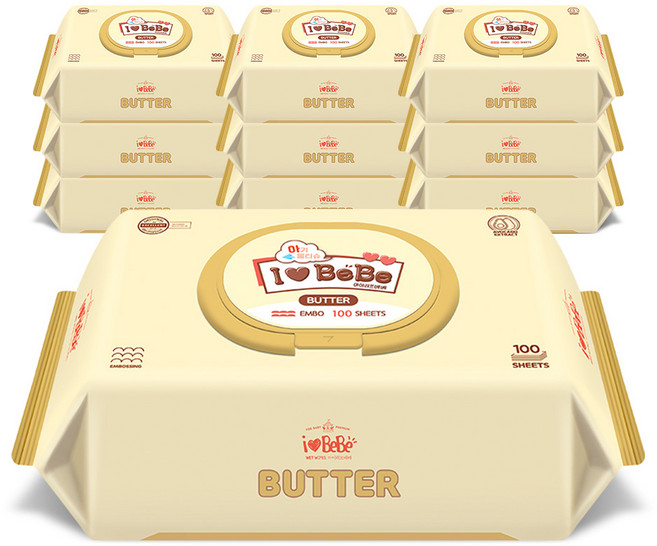 아이러브베베 유아용 엠보싱 버터 아기물티슈 캡형, 52g, 100매, 10개