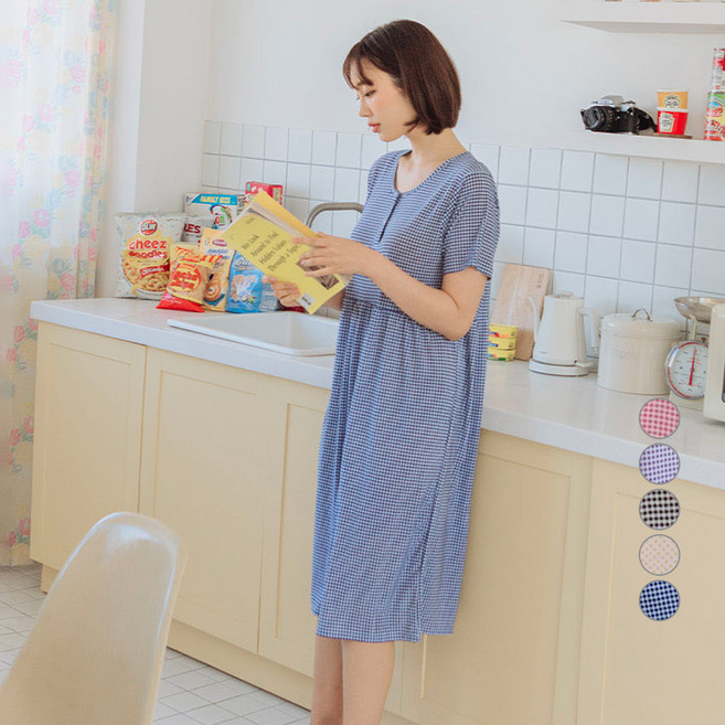 DS DOSSY 女性涼感格紋短袖睡衣連身裙 D3953