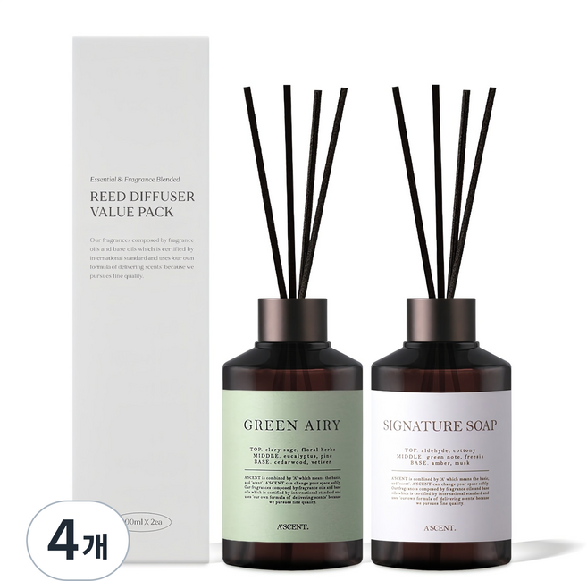 에이센트 퍼퓸드 디퓨저, 그린에어리 + 시그니처솝, 400ml, 4개