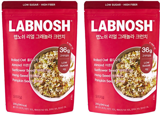랩노쉬 리얼 그래놀라 크런치 오리지널 시리얼, 200g, 2개