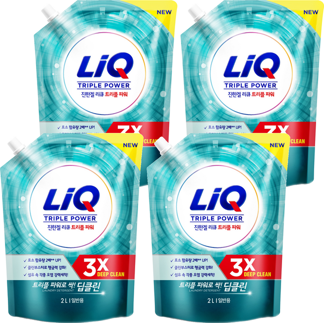 리큐 진한겔 딥클린 트리플파워 일반용 액상세제 리필, 2L, 4개
